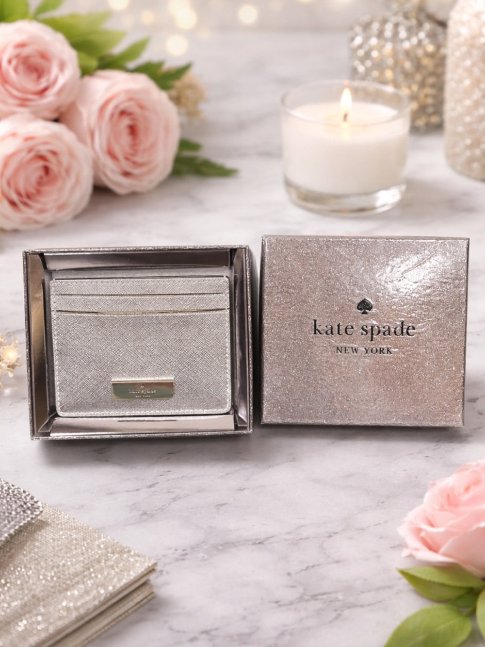 NIB kate spade Kenzie metallic silver cardholder wallet